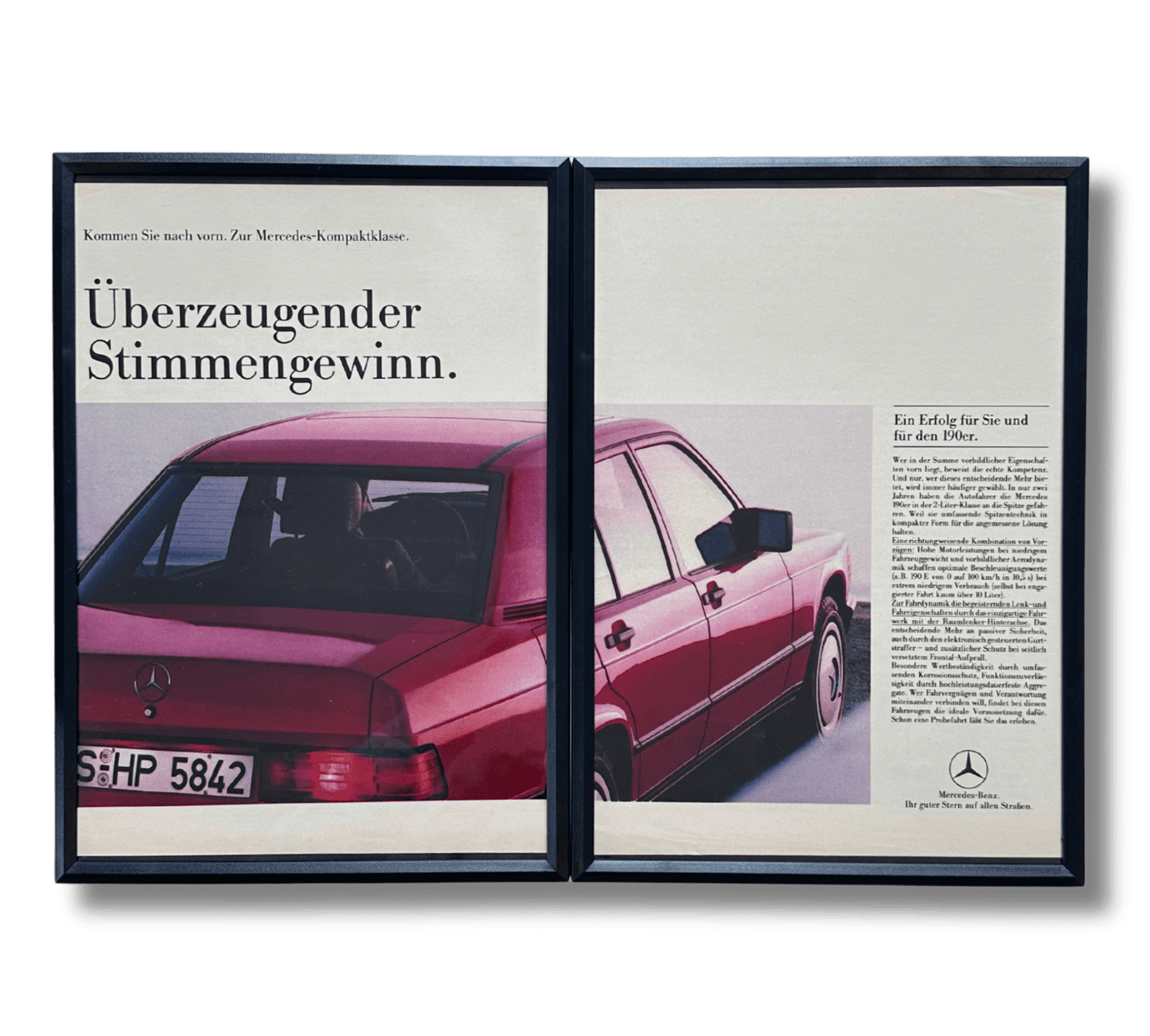 Authentischer Werbeausschnitt des Mercedes-Benz 190E in Almadinrot, gerahmt, zeigt die sportliche Eleganz und klassische Linienführung des Baby-Benz.