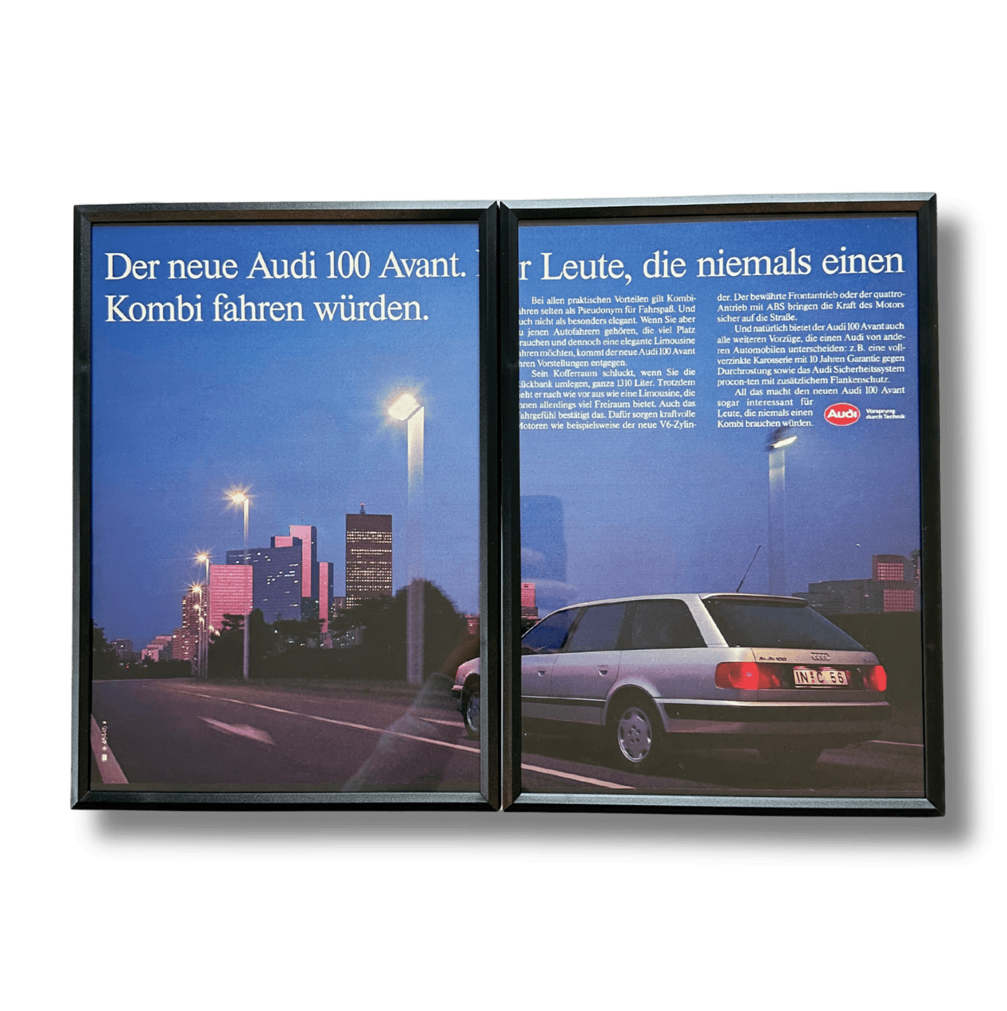 Authentischer Werbeausschnitt des Audi 100 Avant bei Nacht, gerahmt, zeigt den eleganten Kombi in einer stimmungsvollen Nachtaufnahme."