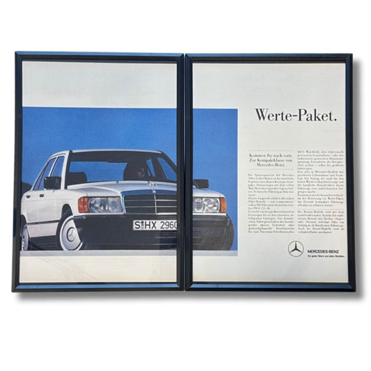 Original-Werbeausschnitt des Mercedes-Benz 190E in Weiß mit dem Slogan „Werte-Paket“, der Verlässlichkeit und Eleganz des Klassikers betont
