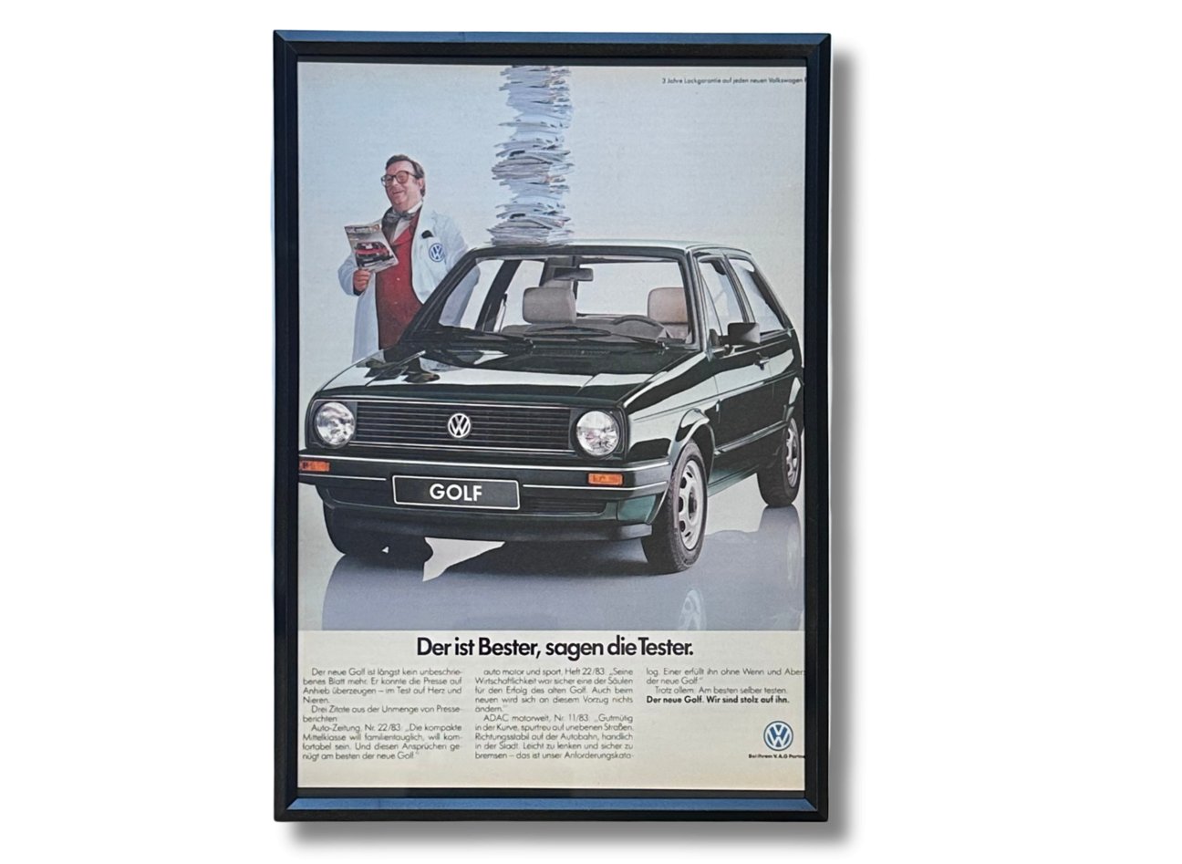 Original-Werbeausschnitt des VW Golf II, der das vielseitige und robuste Design des Klassikers der 80er Jahre zeigt
