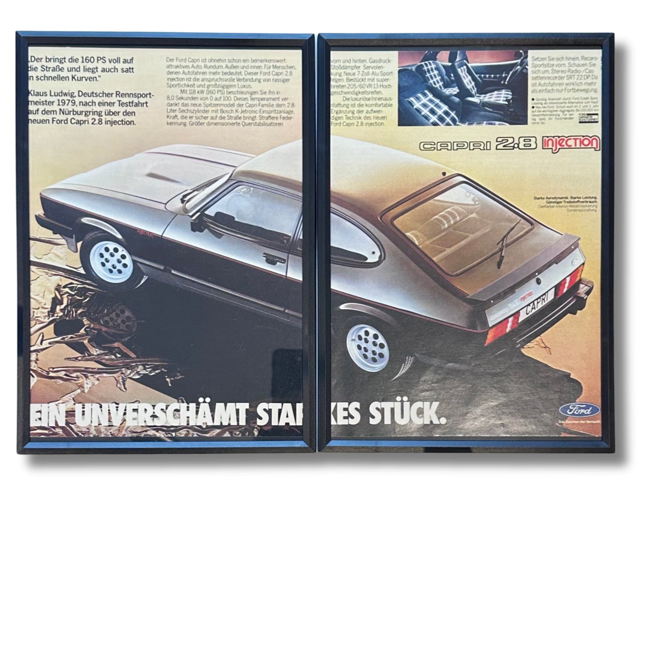 Original-Werbeausschnitt des Ford Capri 2.8 Injection, der die sportliche Silhouette und das ikonische Design des Klassikers der 80er Jahre zeigt.