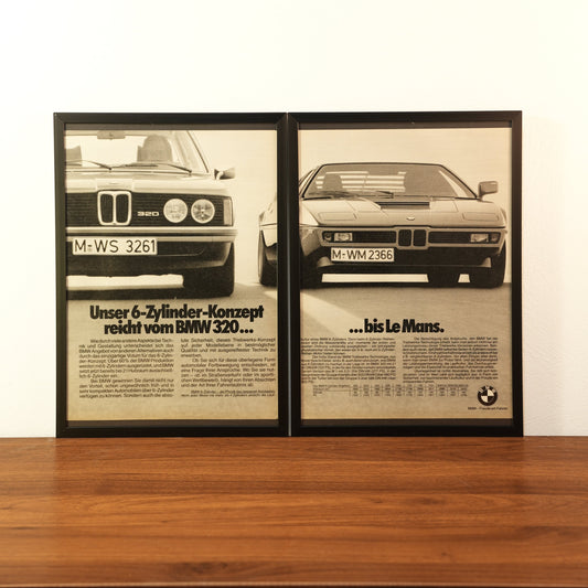 Original vintage BMW advertisement framed in black aluminum. Two-piece diptych wall art set comparing a street BMW 320 and a BMW M1 Procar race car with the German slogan 'Unser 6-Zylinder-Konzept reicht vom BMW 320... bis Le Mans'