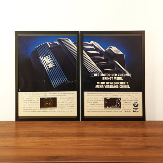 Original vintage BMW advertisement framed in black aluminum. Two-piece wall art set showing the legendary BMW M50 6-cylinder 24-valve engine with the German headline 'Der Motor der Zukunft bringt mehr'
