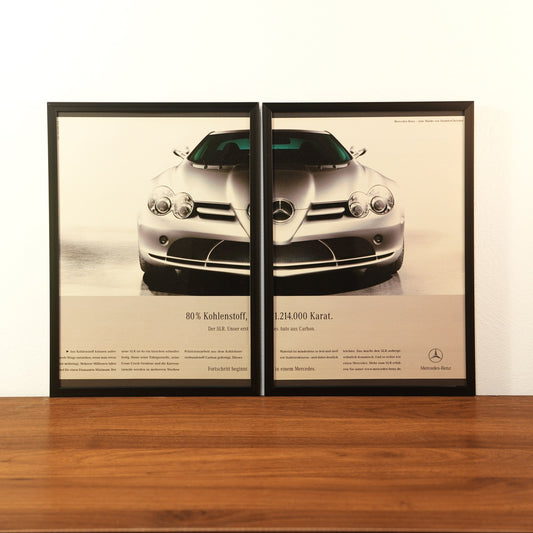 Original vintage Mercedes-Benz SLR McLaren advertisement framed in black aluminum. Two-piece wall art set showing the front view of a silver SLR with the German headline '80% Kohlenstoff'