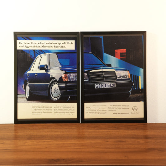 Original vintage Mercedes-Benz W124 advertisement framed in black aluminum. Two-piece wall art set showing a dark blue Mercedes sedan with the German headline 'Der feine Unterschied zwischen Sportlichkeit und Aggressivität'.