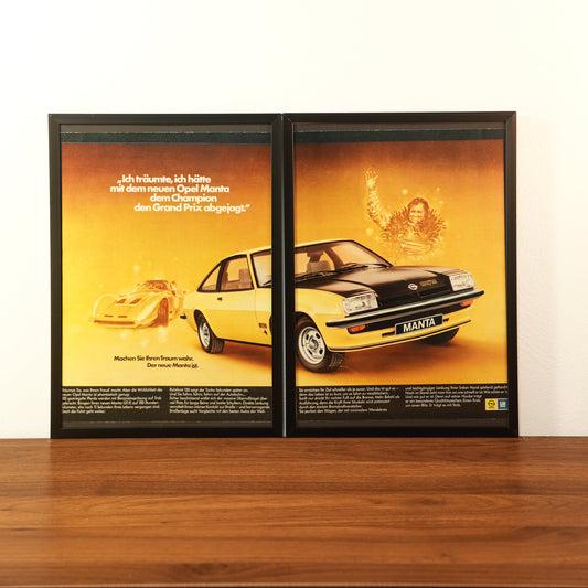 Original vintage Opel Manta advertisement framed in black aluminum. Two-piece wall art set featuring a yellow background with a racing scene on the left and a black and yellow Opel Manta with a waving champion driver on the right.