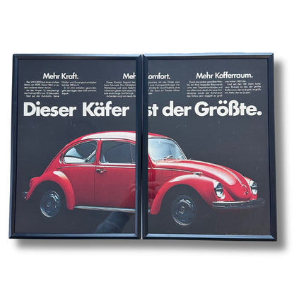 Authentischer Werbeausschnitt des VW 1302 Käfer, gerahmt, zeigt die klassische Ästhetik und den zuverlässigen Charakter des beliebten Oldtimers.